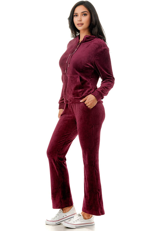 Solid color fleece lined velvet jacket and flare pants set