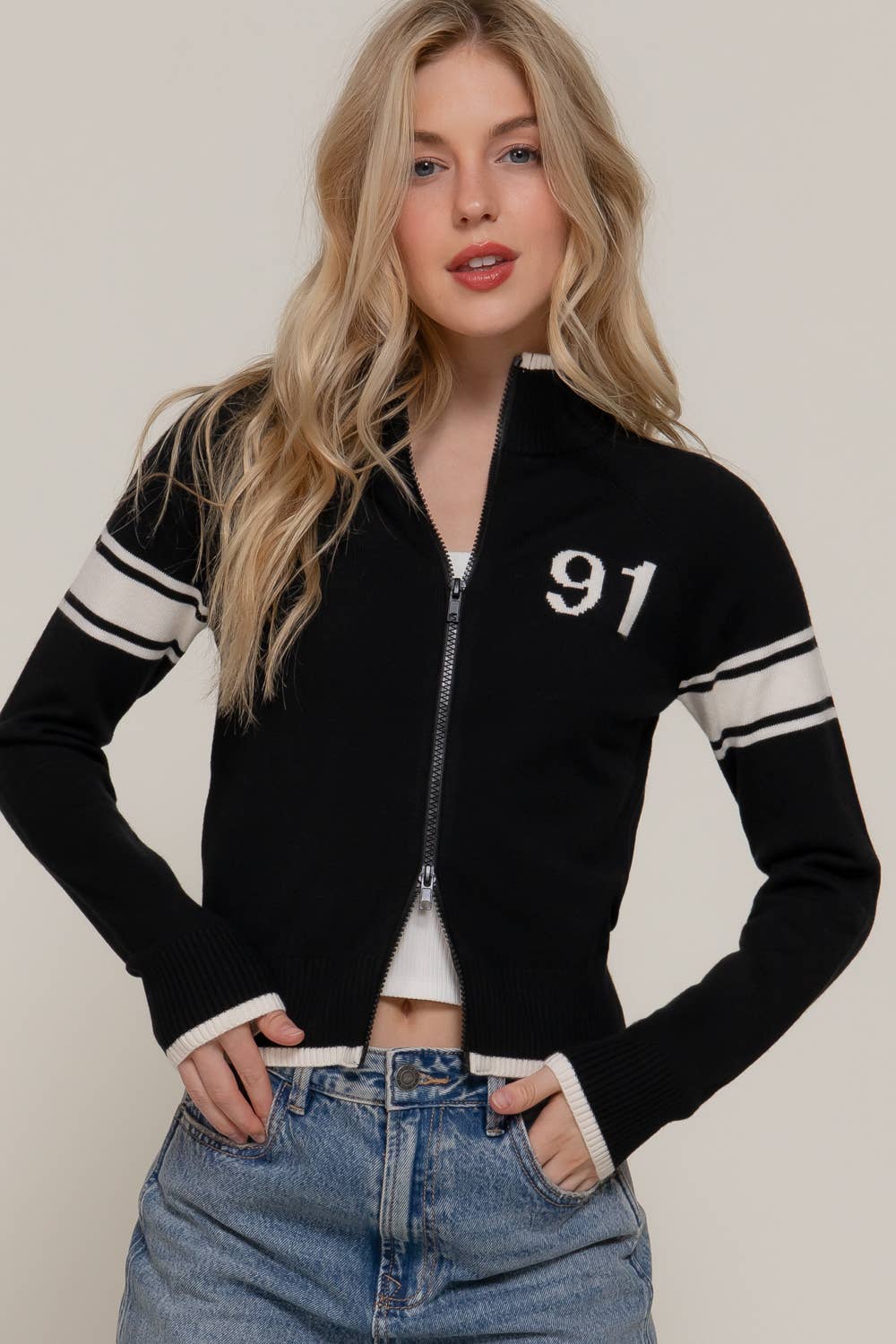 Long Sleeve High Neck with Line Detail Zip-Up Sweater Jacket