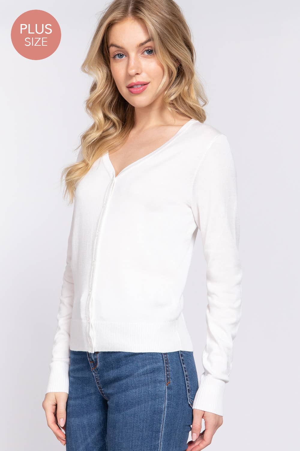 [PLUS SIZE] Long Sleeve V-neck Button Down Sweater Cardigan