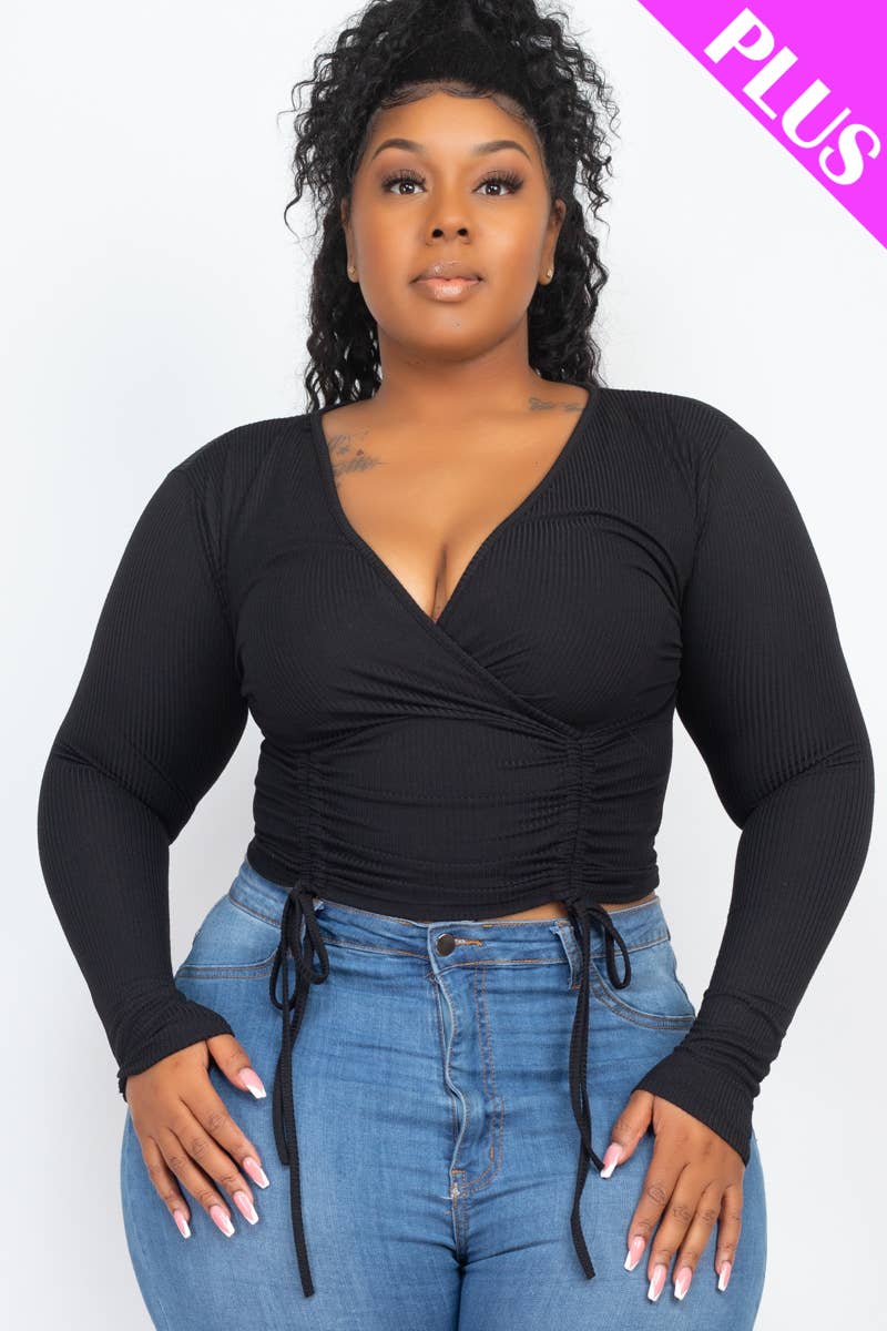 Plus Size Ribbed Drawstring Ruched Long Sleeve Crop Top