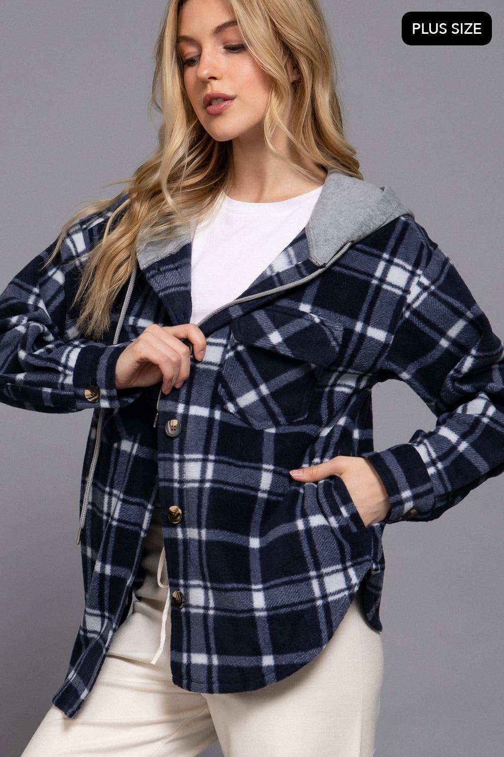 [PLUS SIZE] Long Slv Plaid Button Down Hoodie Fleece Jacket