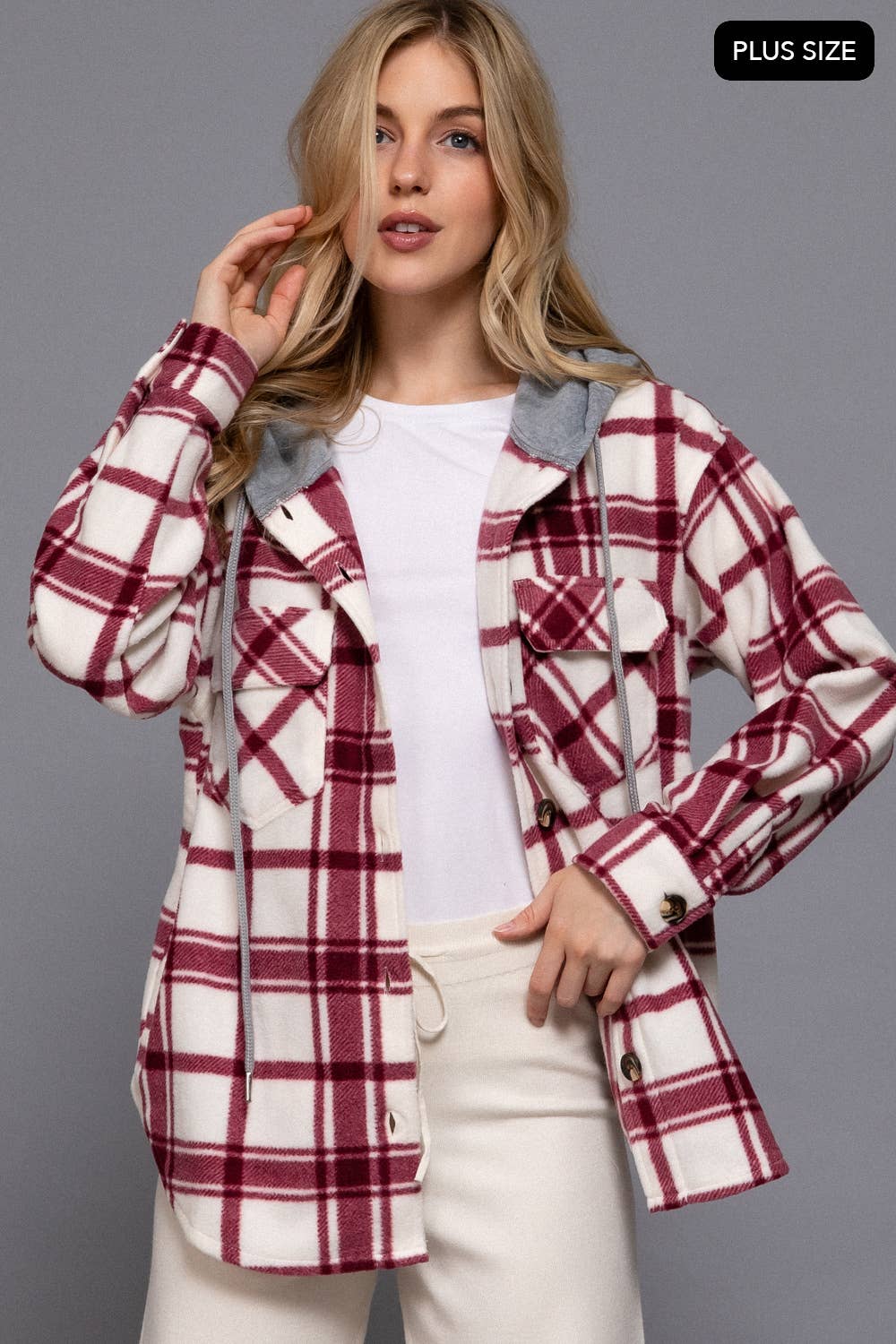 [PLUS SIZE] Long Slv Plaid Button Down Hoodie Fleece Jacket