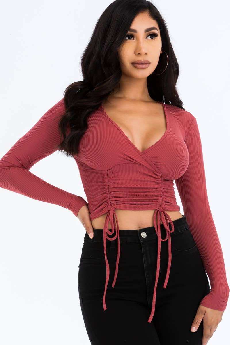 Solid Ribbed Drawstring Ruched Long Sleeve Crop Top T shirt