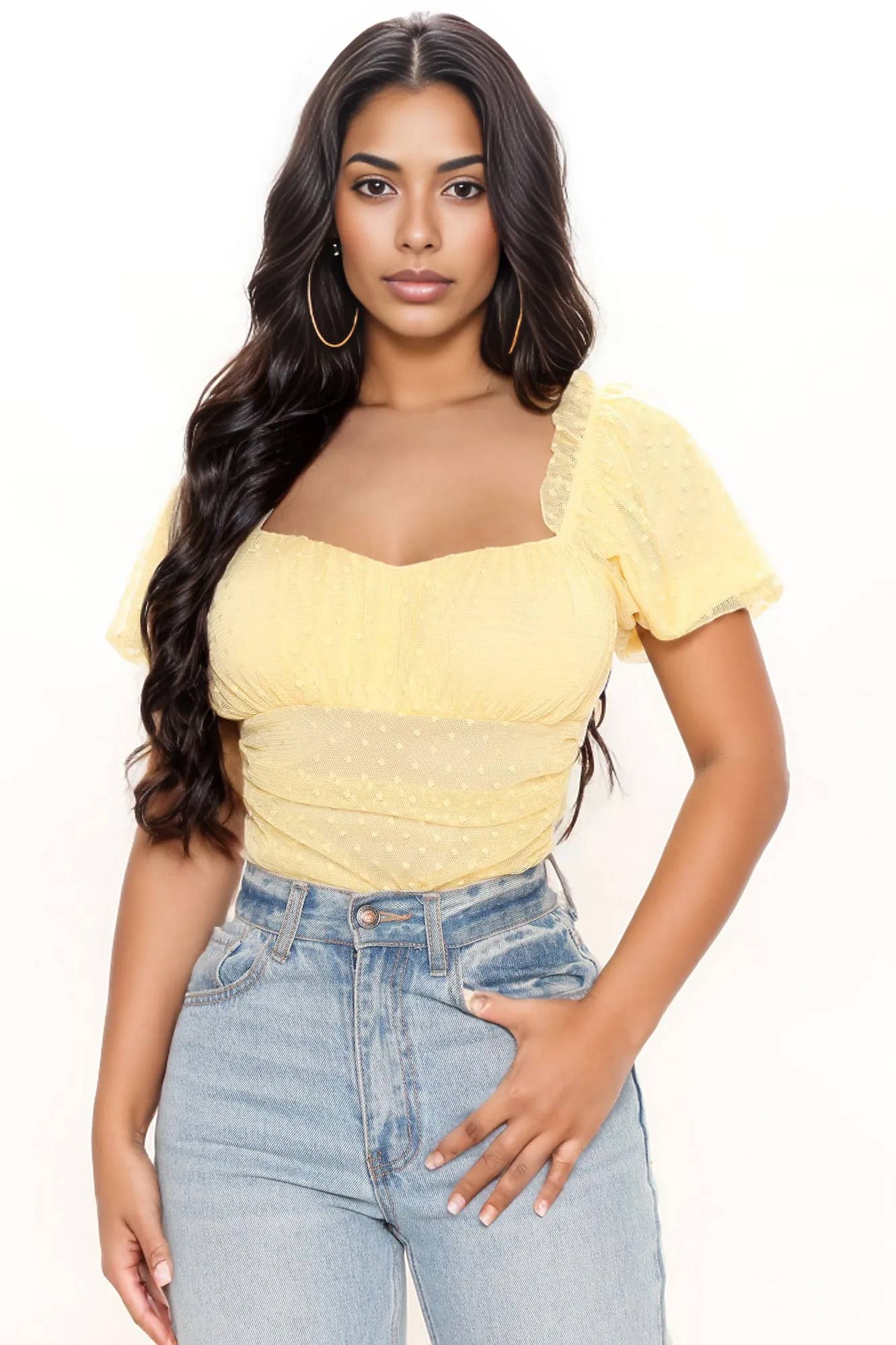 DOT MESH PUFF SLEEVE BODYSUITS