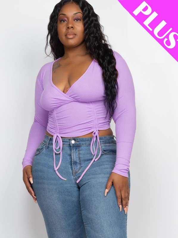 Plus Size Ribbed Drawstring Ruched Long Sleeve Crop Top