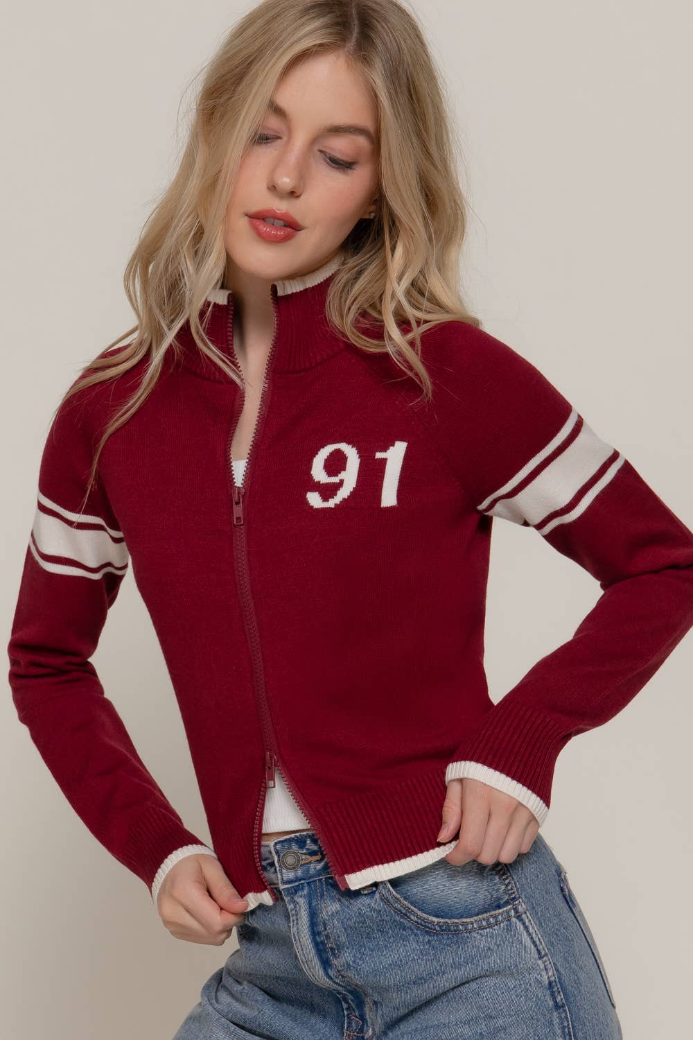 Long Sleeve High Neck with Line Detail Zip-Up Sweater Jacket