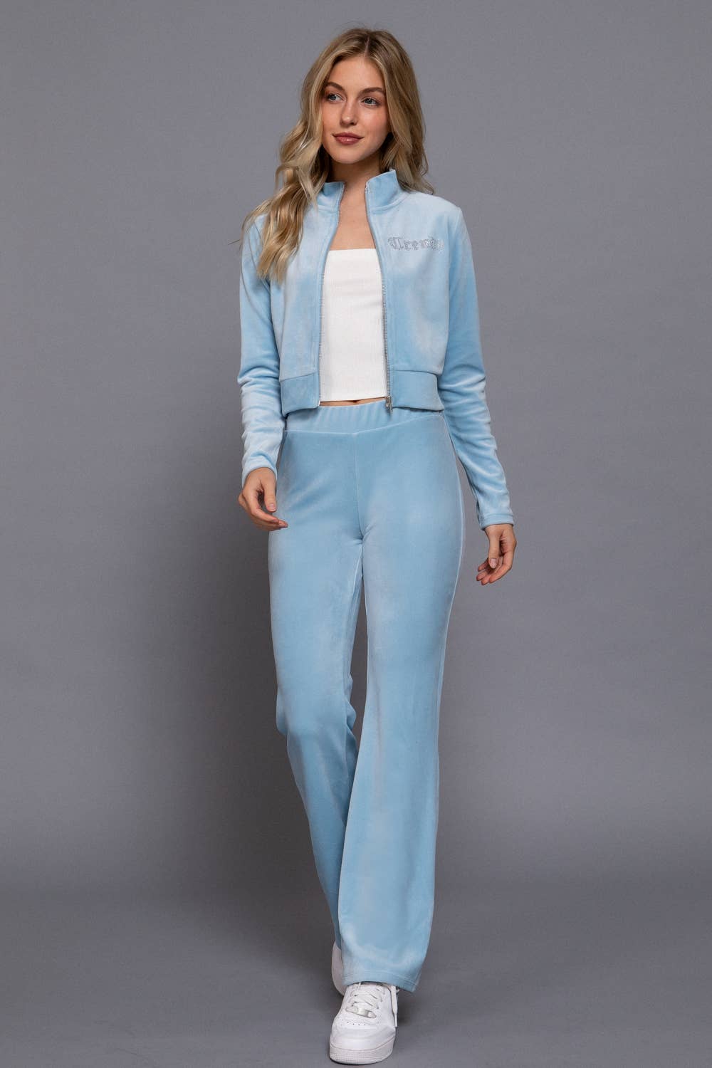 Mock Neck Zip Up Jacket & Rhinestone Flare Pants Velour Set