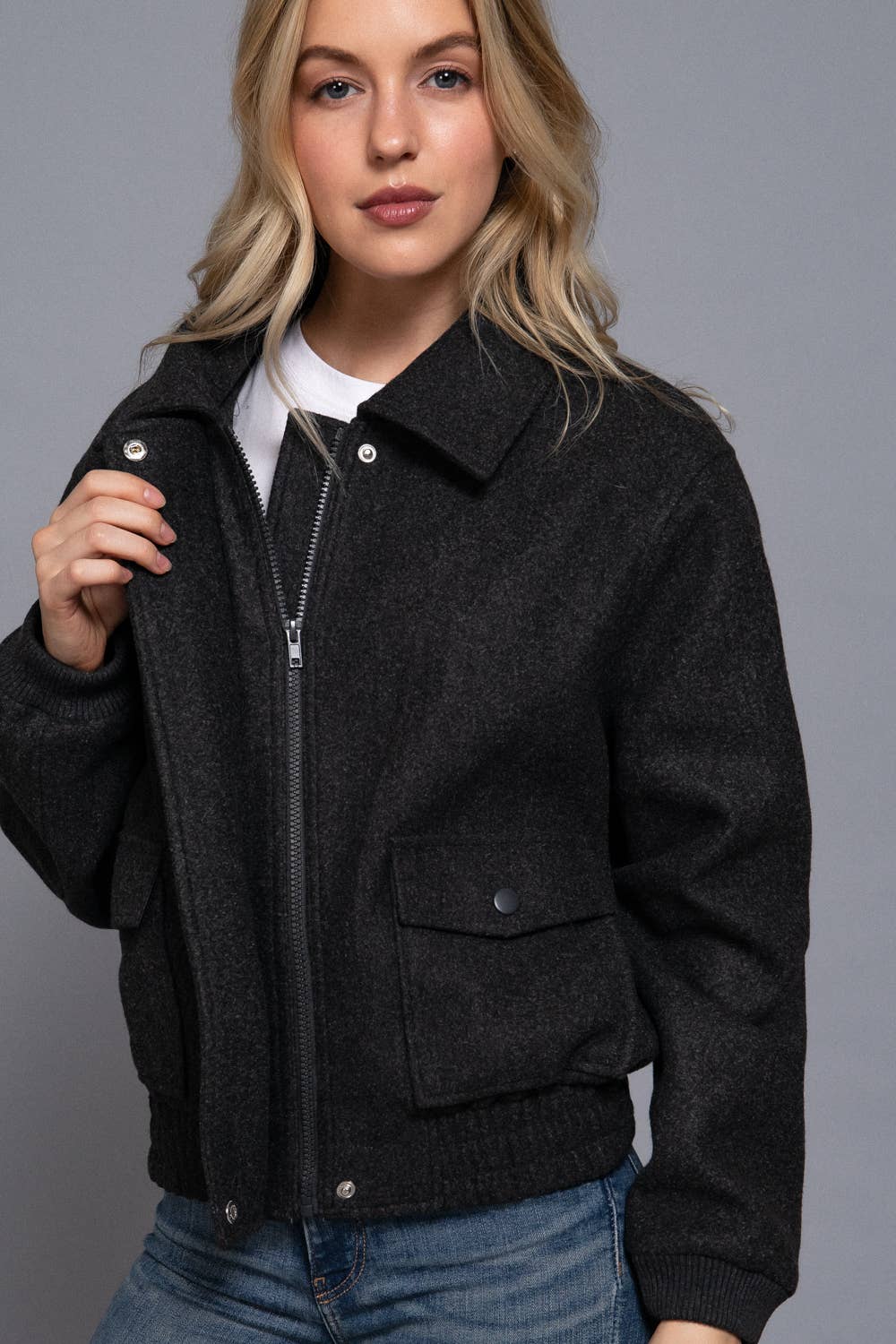 Long Sleeve Lapel Collar Soft Felt Bomber Jacket