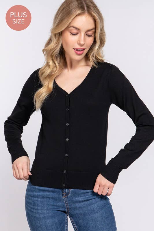 [PLUS SIZE] Long Sleeve V-neck Button Down Sweater Cardigan