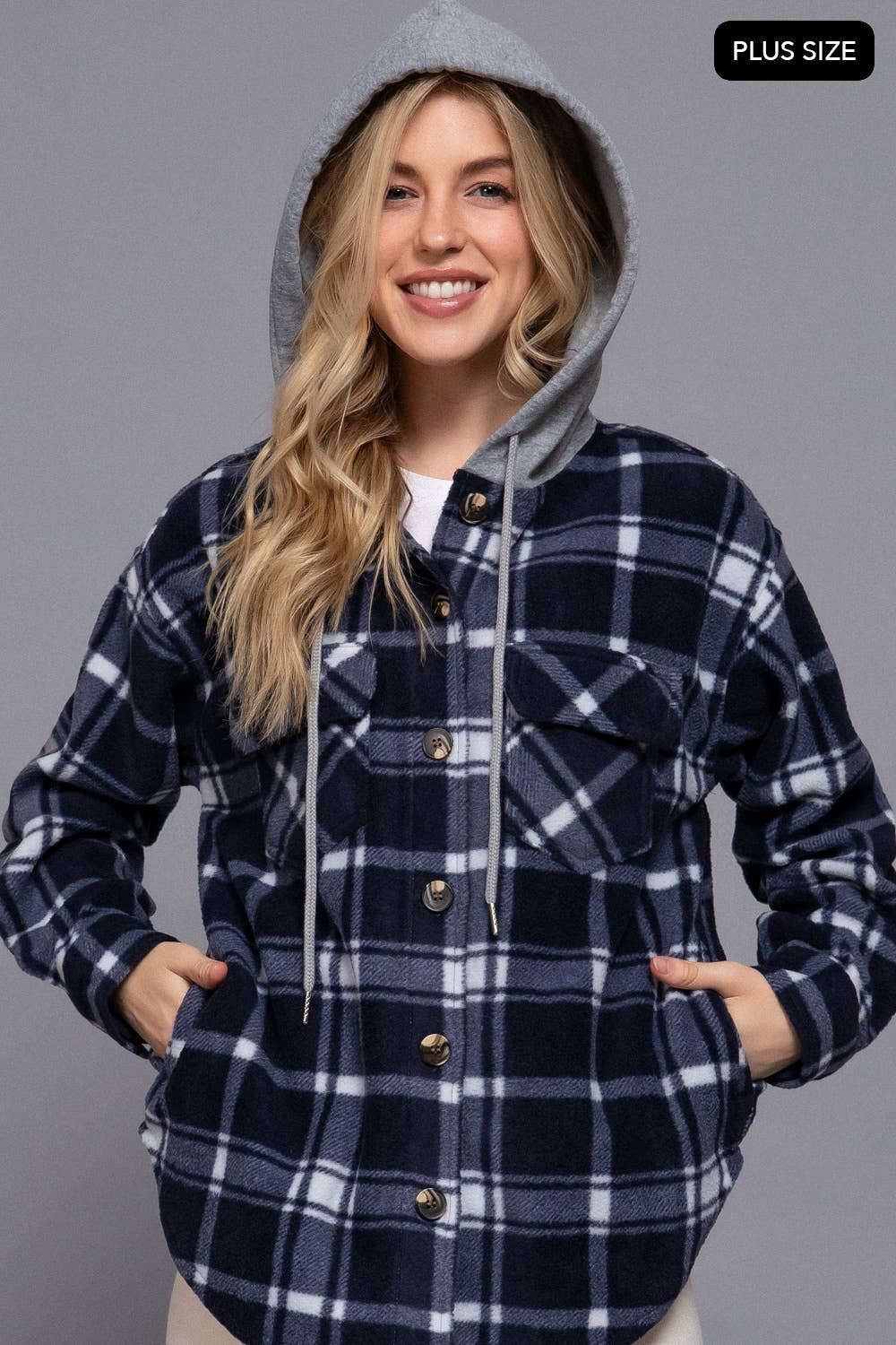 [PLUS SIZE] Long Slv Plaid Button Down Hoodie Fleece Jacket