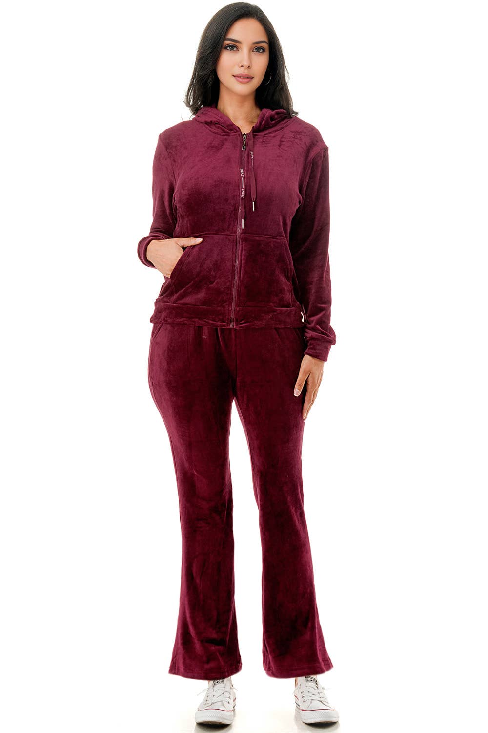 Solid color fleece lined velvet jacket and flare pants set