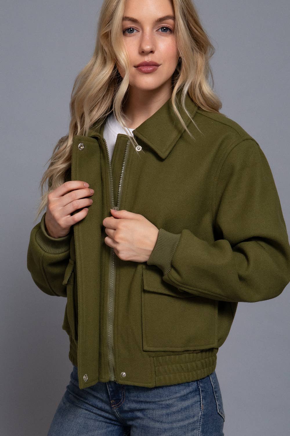 Long Sleeve Lapel Collar Soft Felt Bomber Jacket