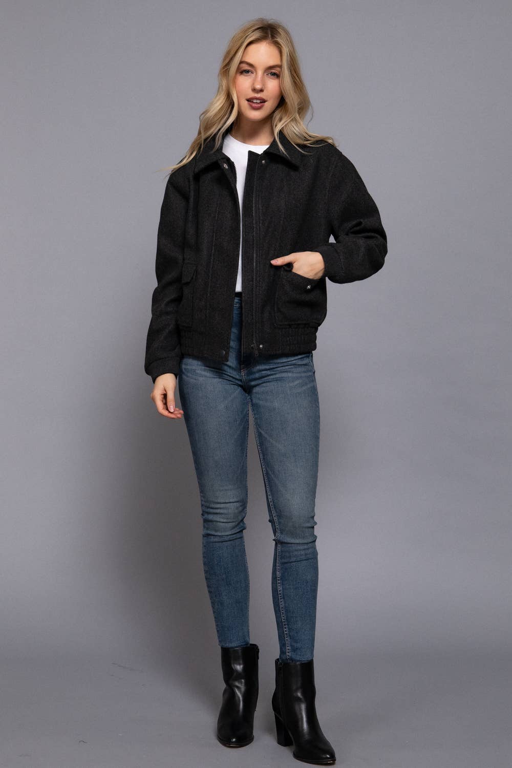 Long Sleeve Lapel Collar Soft Felt Bomber Jacket