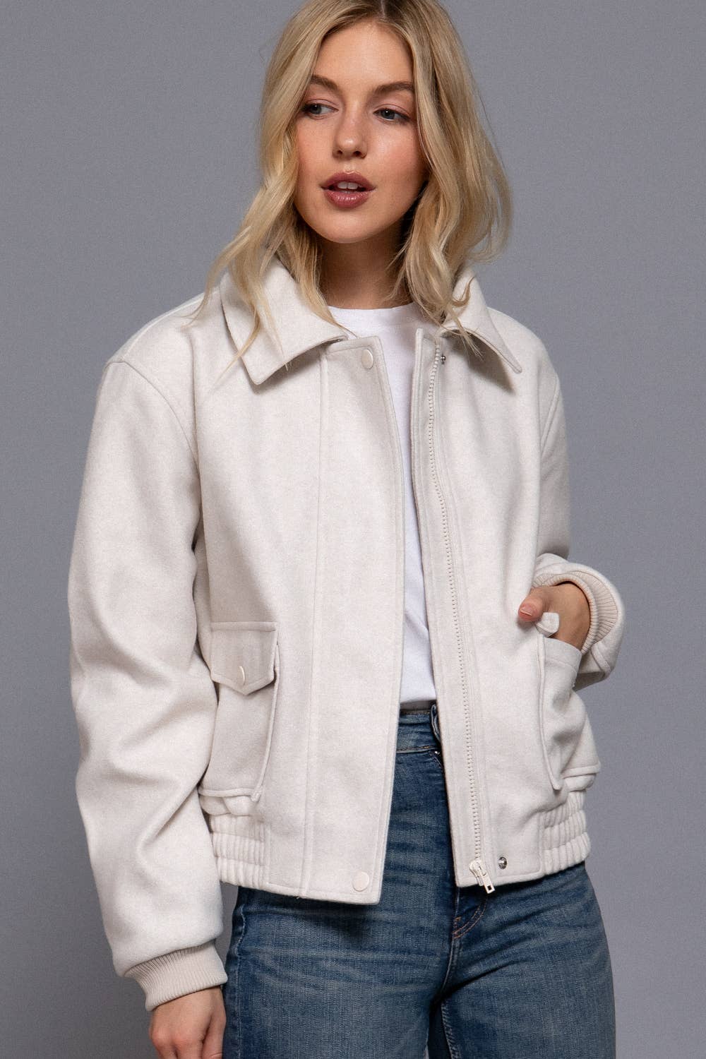 Long Sleeve Lapel Collar Soft Felt Bomber Jacket