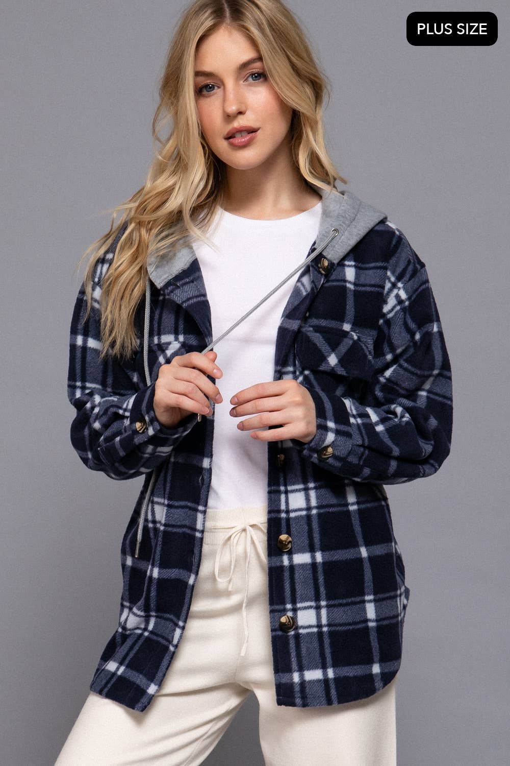 [PLUS SIZE] Long Slv Plaid Button Down Hoodie Fleece Jacket