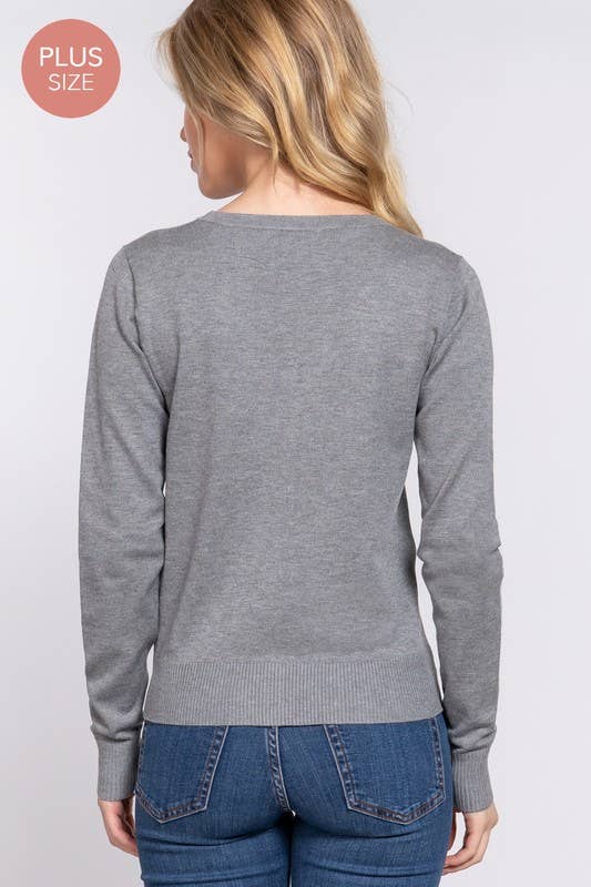 [PLUS SIZE] Long Sleeve V-neck Button Down Sweater Cardigan
