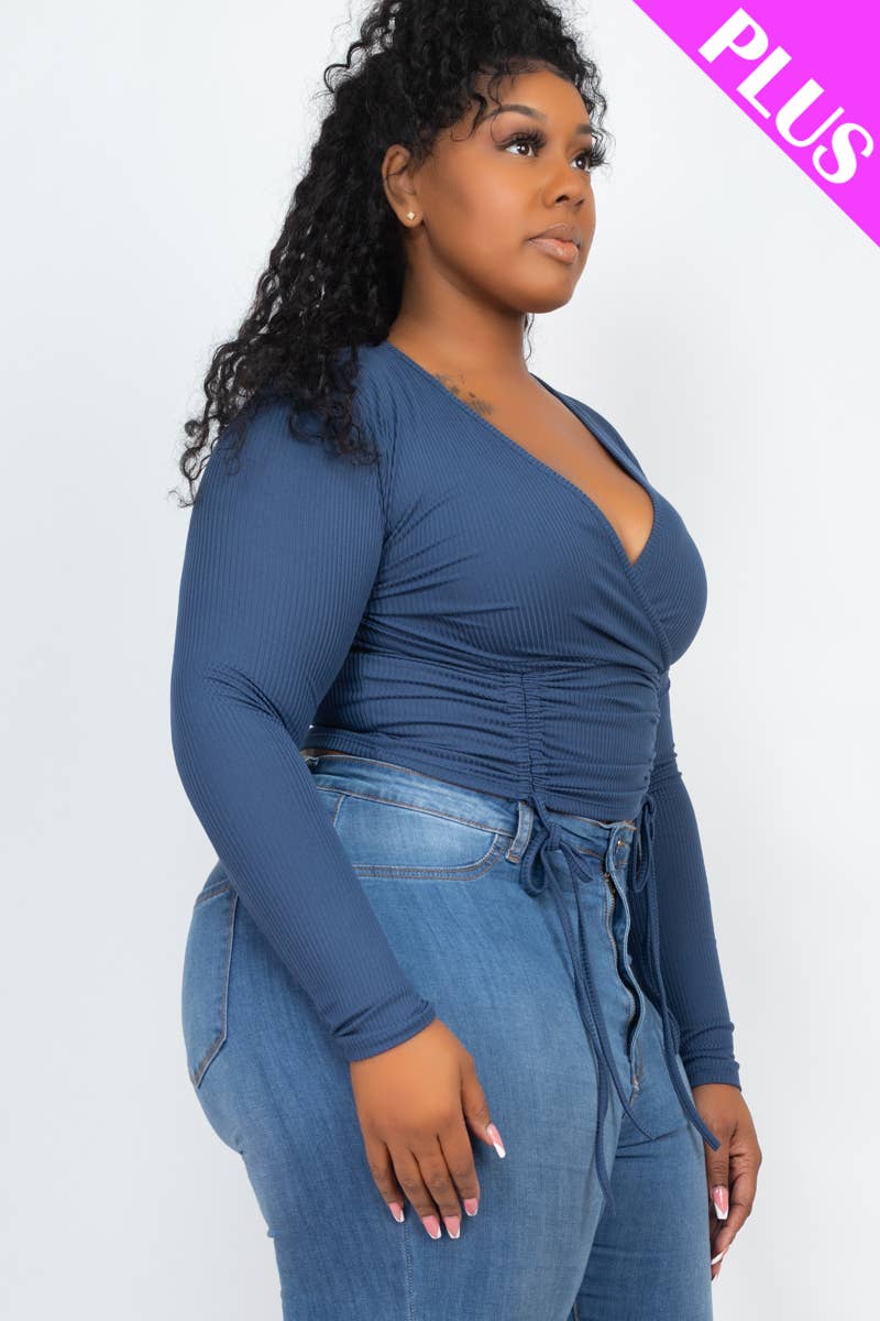 Plus Size Ribbed Drawstring Ruched Long Sleeve Crop Top