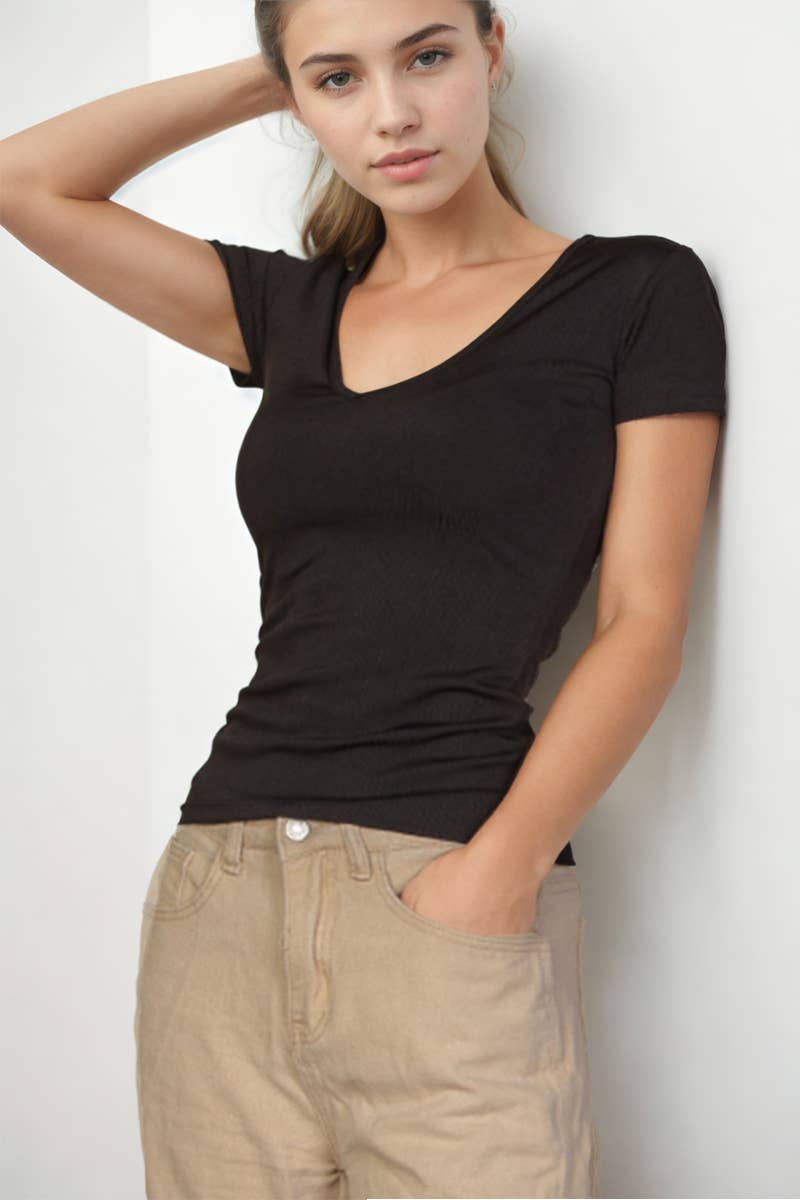 Ribbed V-Neck Short Sleeve Top