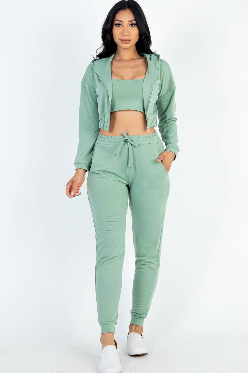 French Terry Cropped Cami with Zip-up Jacket and Joggers Set