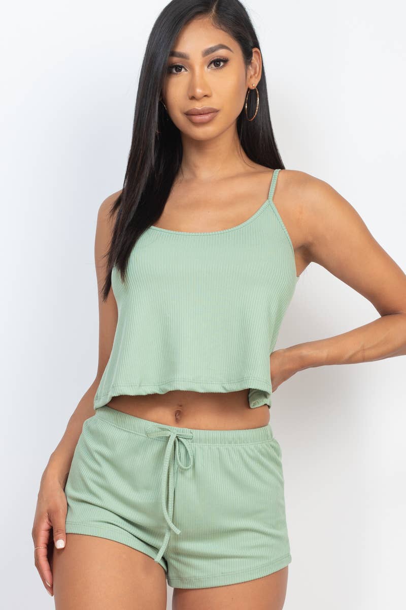 Ribbed Strappy Top & Shorts Lounge Set