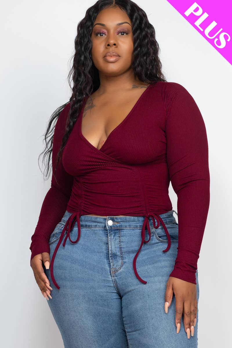 Plus Size Ribbed Drawstring Ruched Long Sleeve Crop Top