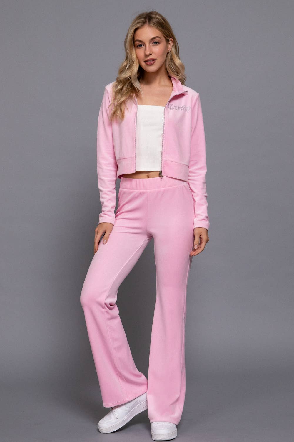 Mock Neck Zip Up Jacket & Rhinestone Flare Pants Velour Set