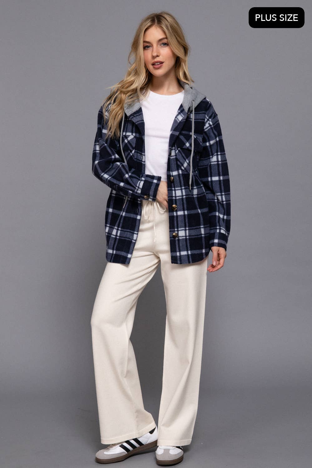 [PLUS SIZE] Long Slv Plaid Button Down Hoodie Fleece Jacket