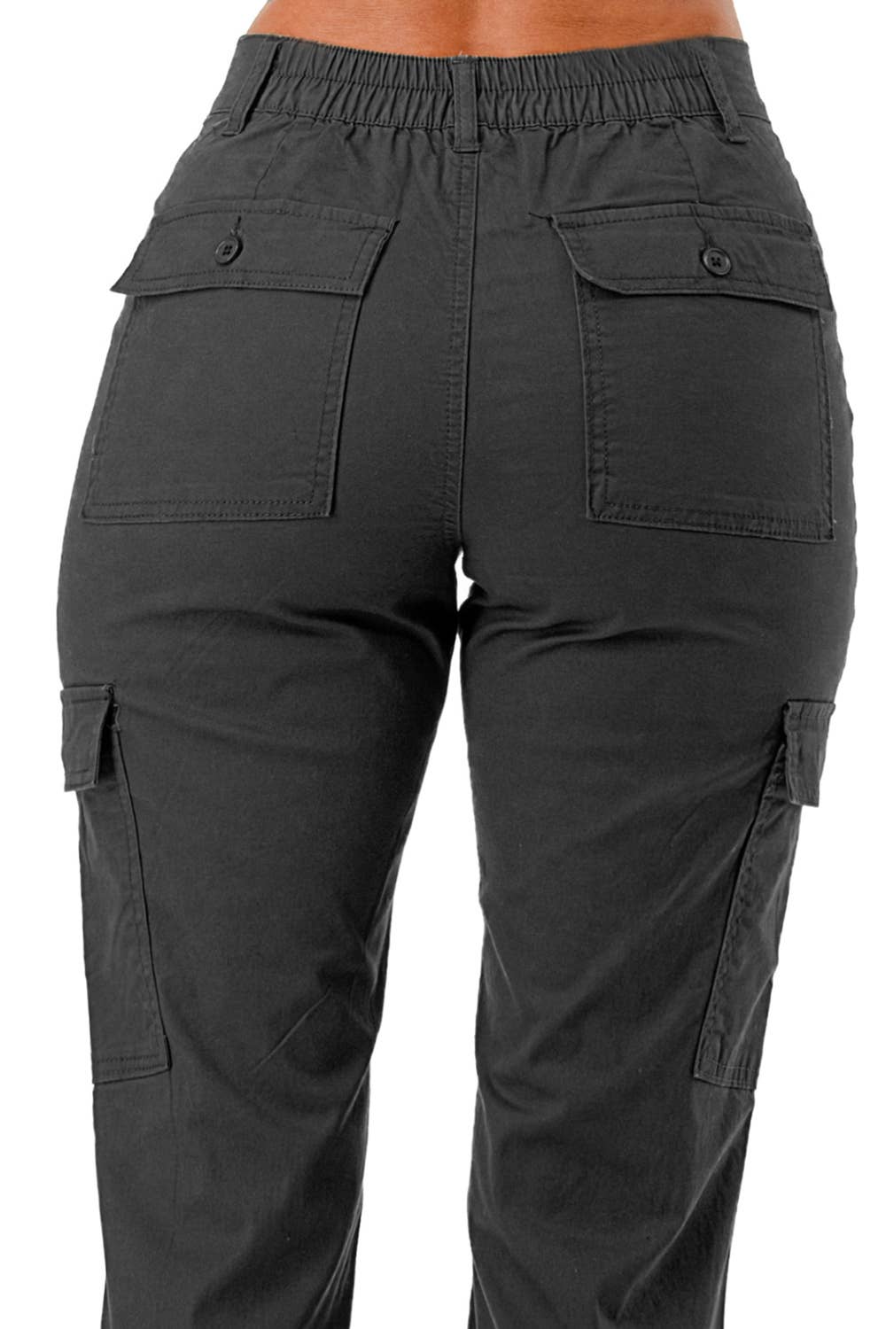 Solid color straight leg adjustable waist band cargo pants