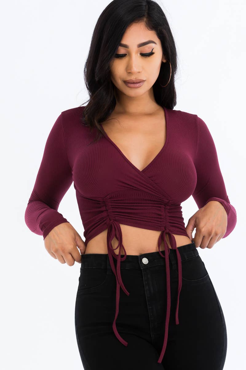 Solid Ribbed Drawstring Ruched Long Sleeve Crop Top T shirt