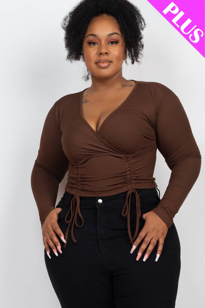 Plus Size Ribbed Drawstring Ruched Long Sleeve Crop Top