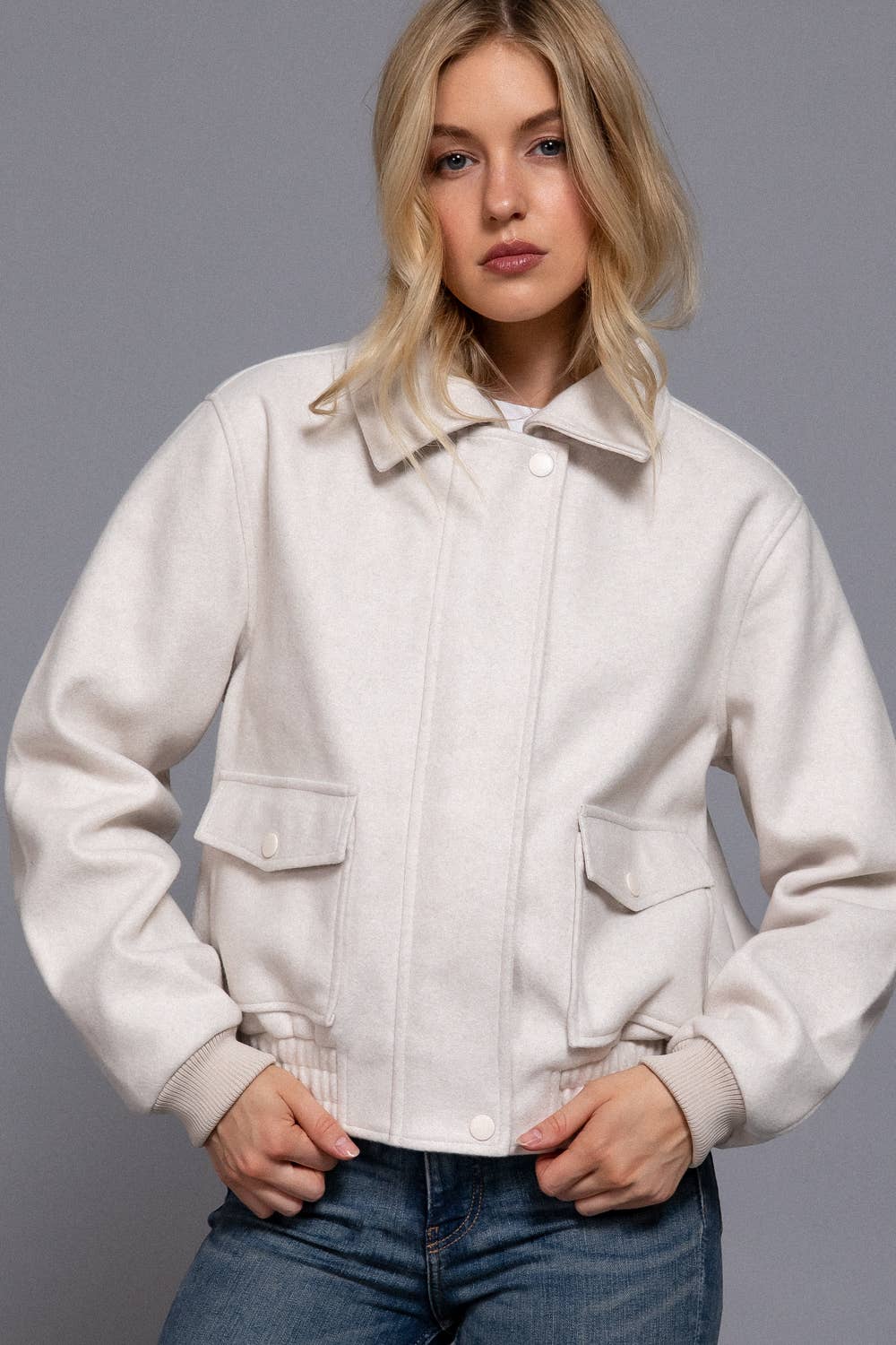 Long Sleeve Lapel Collar Soft Felt Bomber Jacket