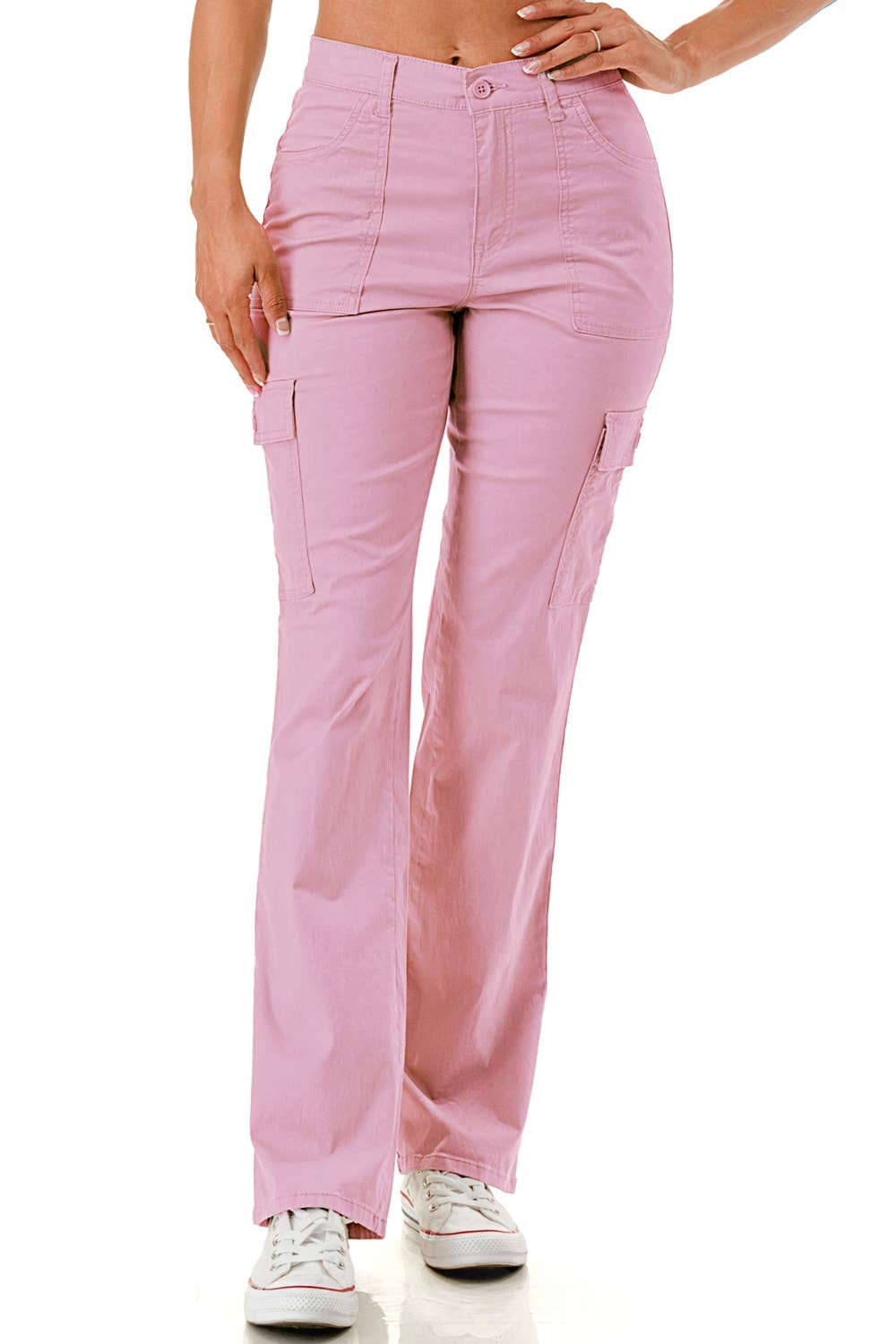 Solid color straight leg adjustable waist band cargo pants