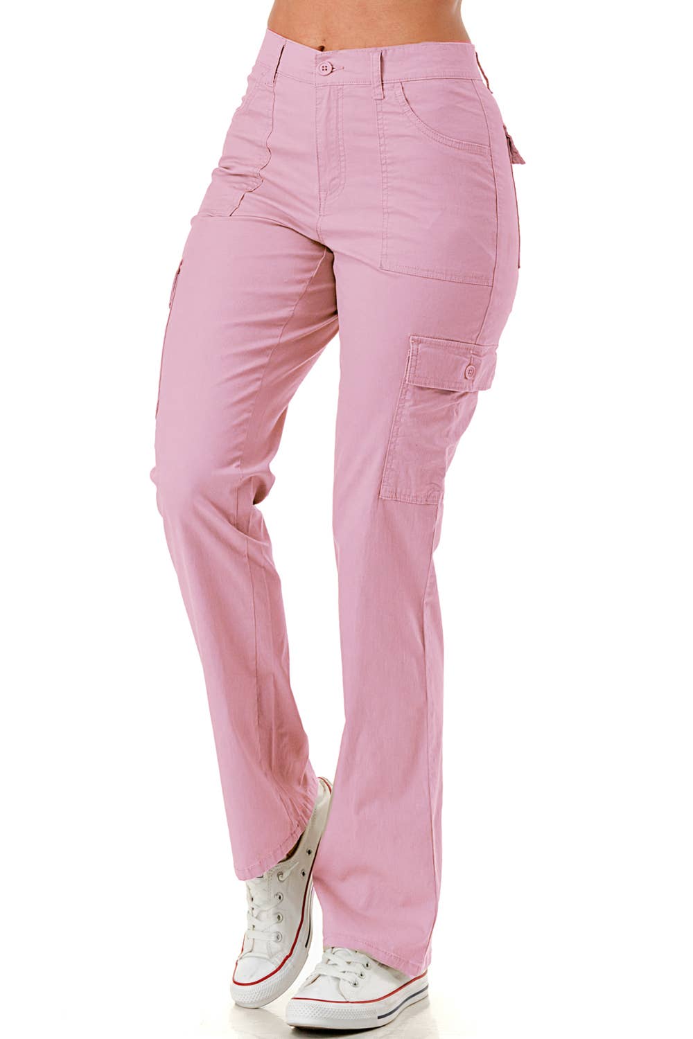 Solid color straight leg adjustable waist band cargo pants