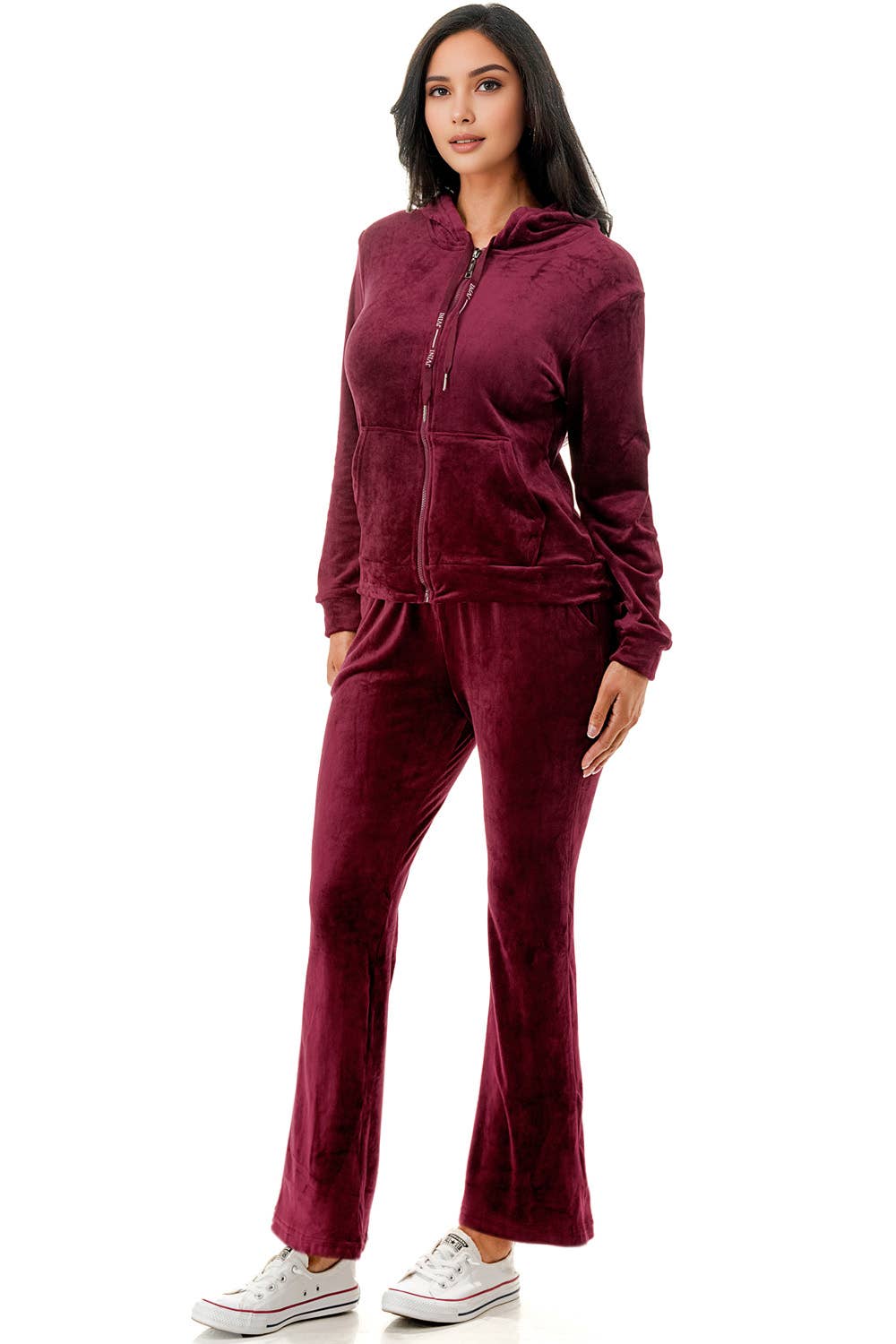 Solid color fleece lined velvet jacket and flare pants set