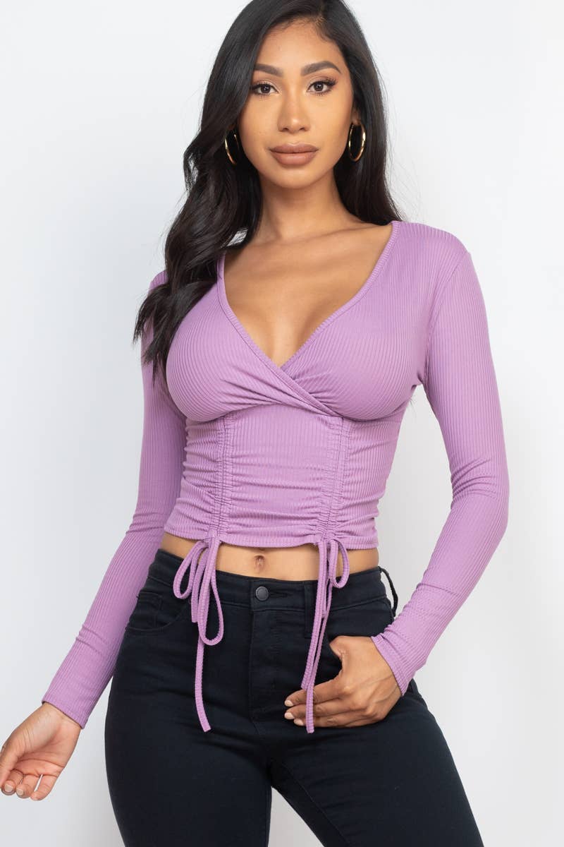 Solid Ribbed Drawstring Ruched Long Sleeve Crop Top T shirt