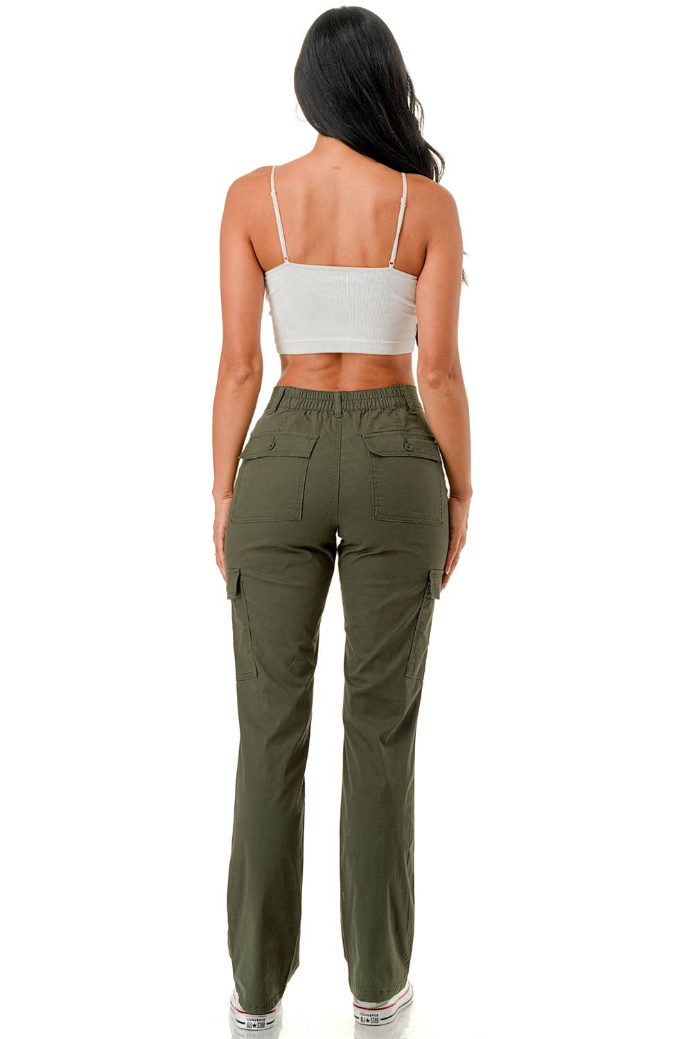 Solid color straight leg adjustable waist band cargo pants