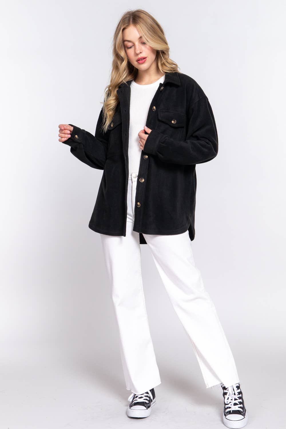 Long Sleeve Notched Collar Front Pocket Fleece Jacket