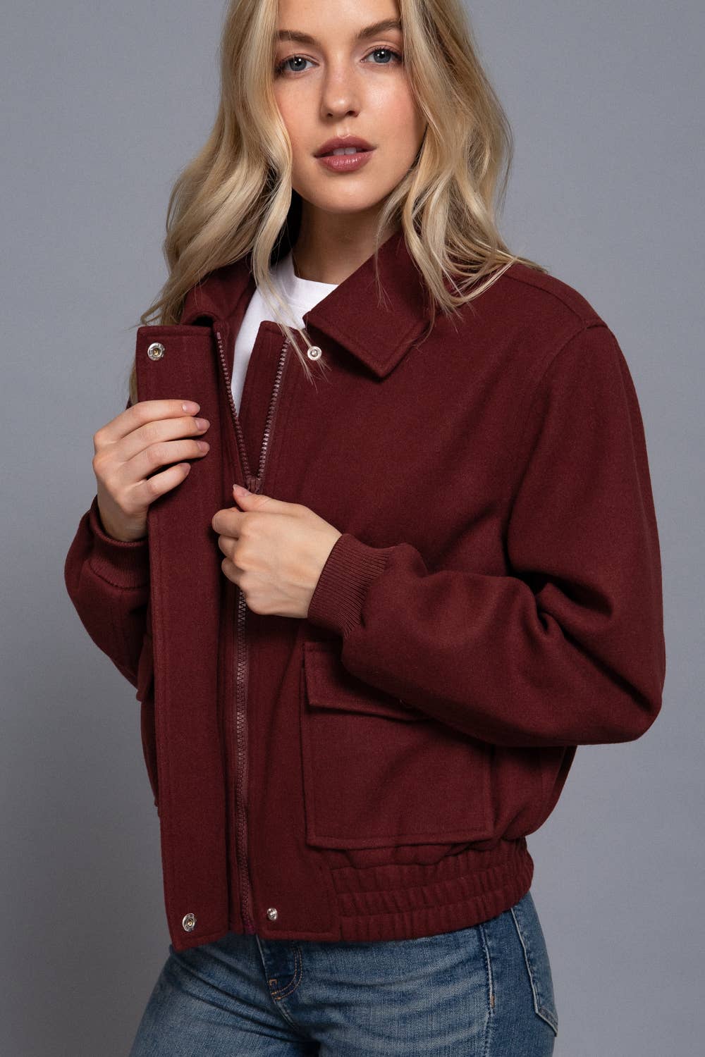 Long Sleeve Lapel Collar Soft Felt Bomber Jacket