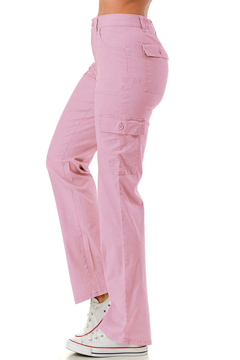 Solid color straight leg adjustable waist band cargo pants