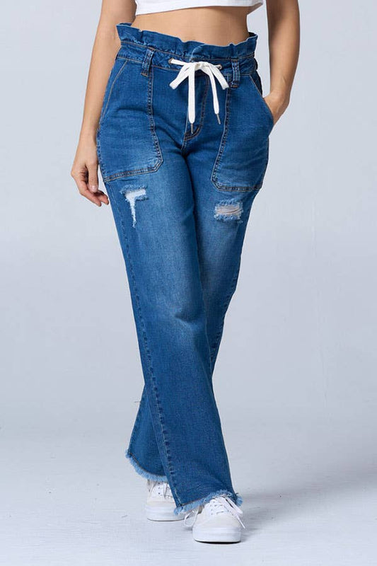 Distress boot cut baggy jeans