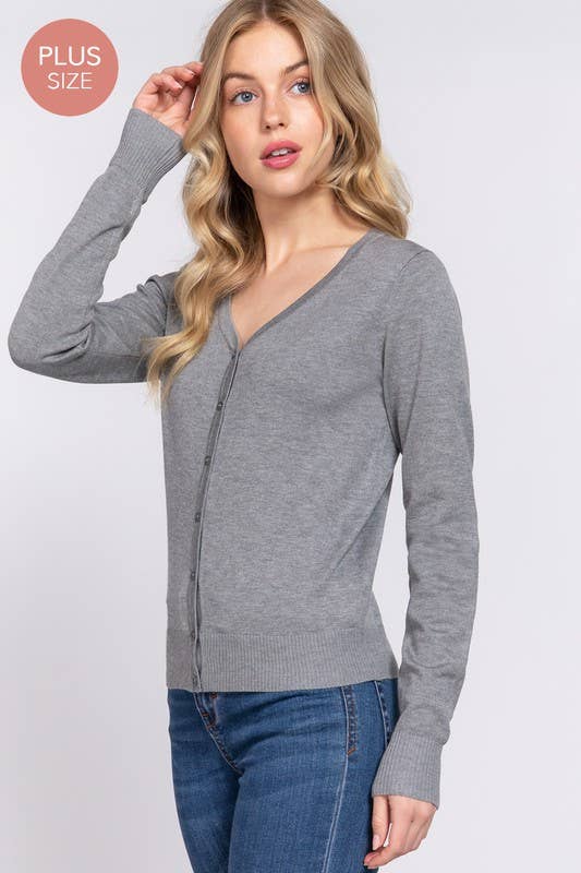 [PLUS SIZE] Long Sleeve V-neck Button Down Sweater Cardigan