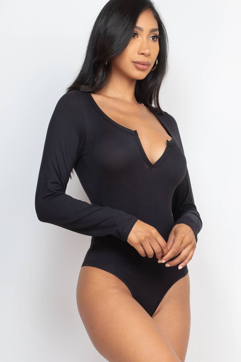 Split Neck Solid Bodysuit