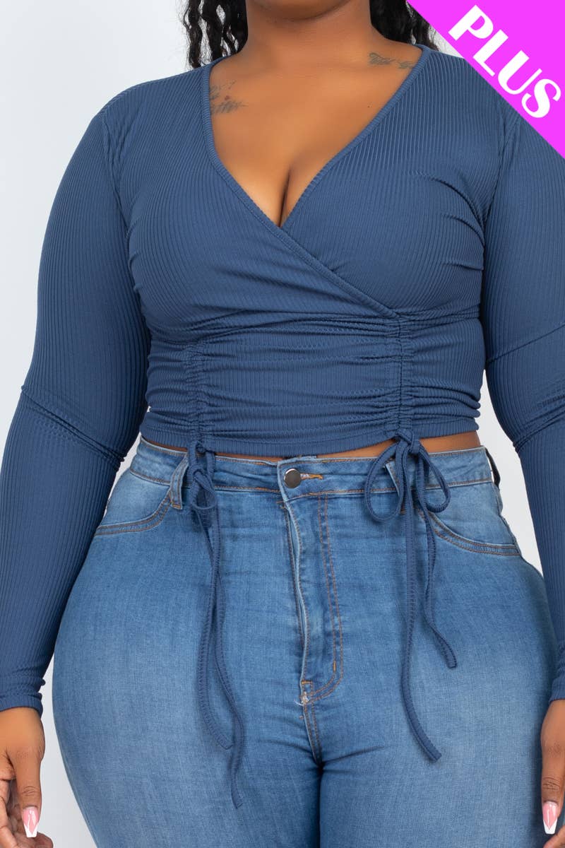 Plus Size Ribbed Drawstring Ruched Long Sleeve Crop Top