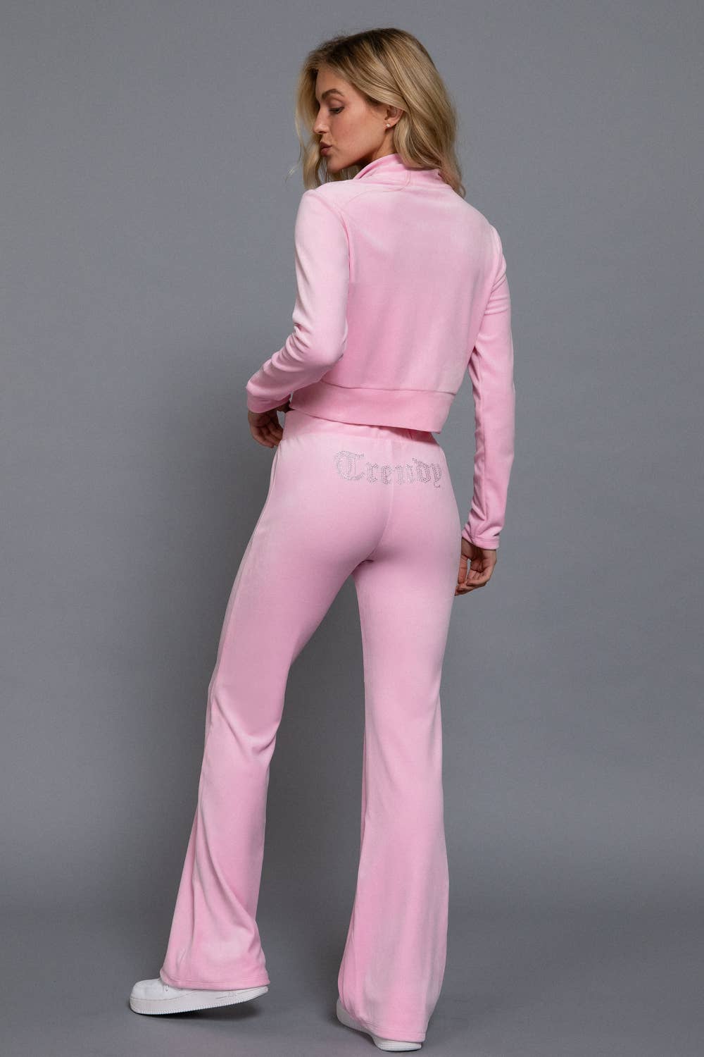Mock Neck Zip Up Jacket & Rhinestone Flare Pants Velour Set