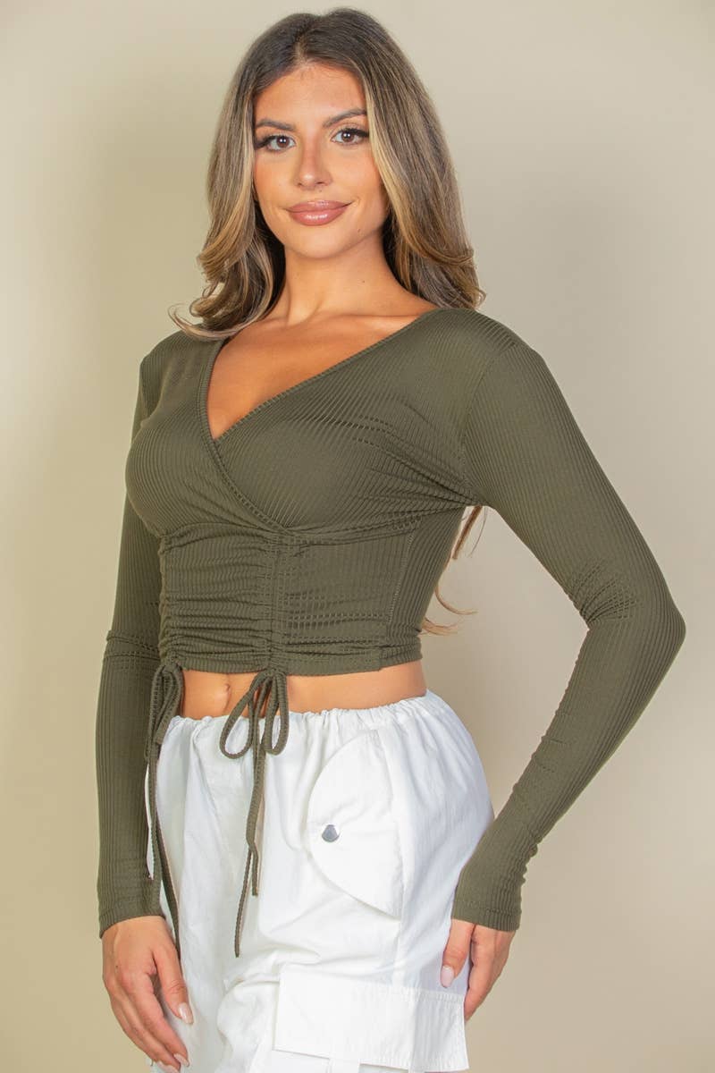 Solid Ribbed Drawstring Ruched Long Sleeve Crop Top T shirt