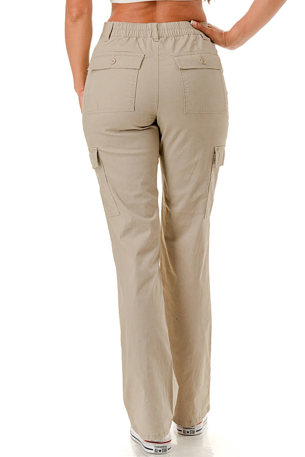 Solid color straight leg adjustable waist band cargo pants